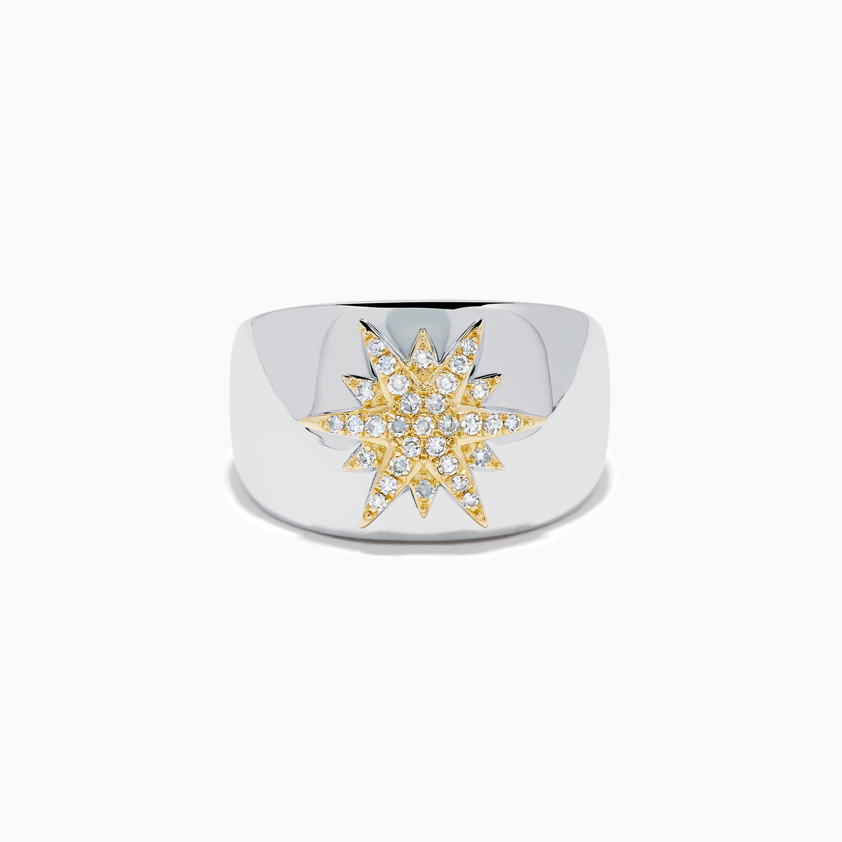 The Sterling Silver and 14K Yellow Gold Plated Diamond Star Ring features a sparkling starburst design with diamonds at the center, creating an elegant and charming look against a plain white background.