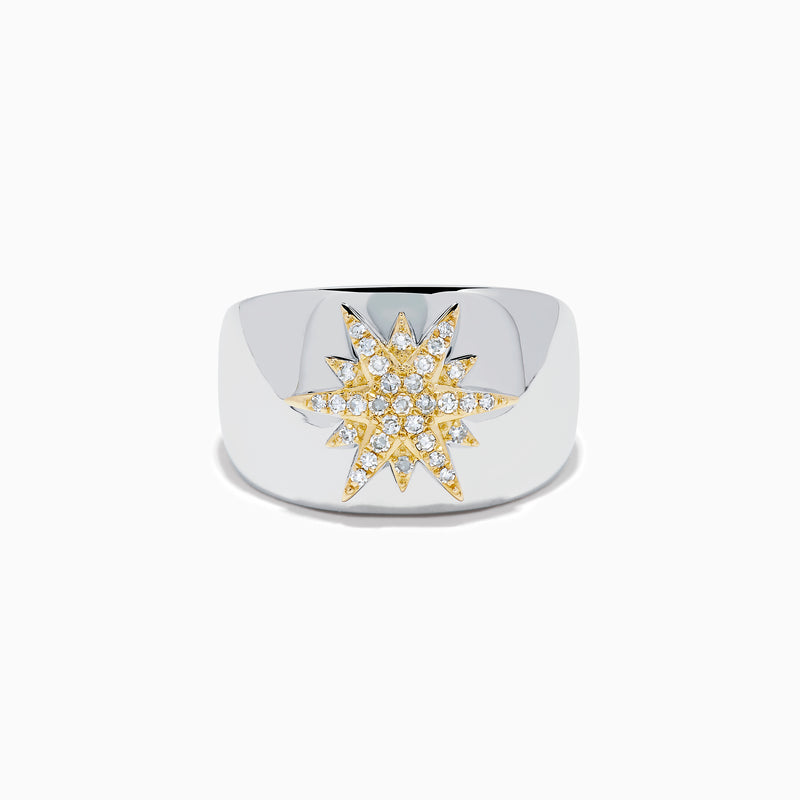 The Sterling Silver and 14K Yellow Gold Plated Diamond Star Ring features a sparkling starburst design with diamonds at the center, creating an elegant and charming look against a plain white background.