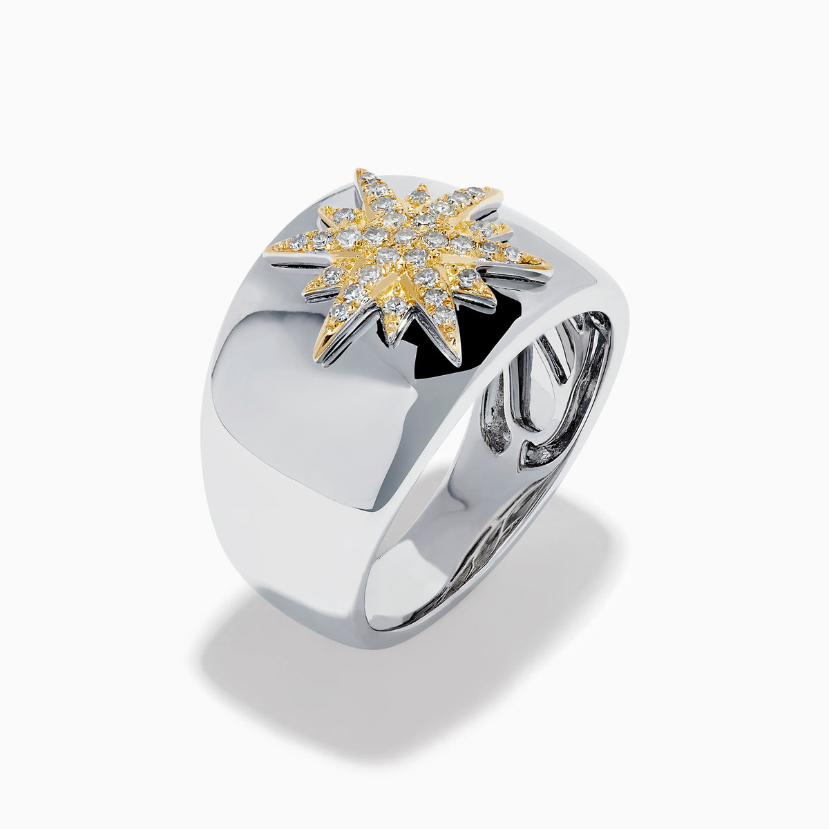 The Sterling Silver and 14K Yellow Gold Plated Diamond Star Ring features a sparkling starburst design with diamonds at the center, creating an elegant and charming look against a plain white background.