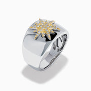 The Sterling Silver and 14K Yellow Gold Plated Diamond Star Ring features a sparkling starburst design with diamonds at the center, creating an elegant and charming look against a plain white background.