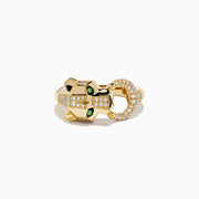 The Signature 14K Yellow Gold Tsavorite and Diamond Panther Ring features a panther head design with tsavorite green gemstone eyes and diamond accents along the head and a circular band in its mouth.