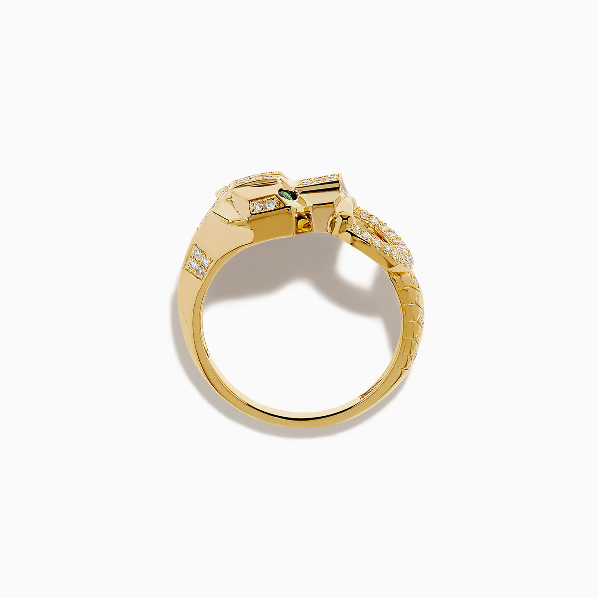 The Signature 14K Yellow Gold Tsavorite and Diamond Panther Ring features a panther head design with tsavorite green gemstone eyes and diamond accents along the head and a circular band in its mouth.