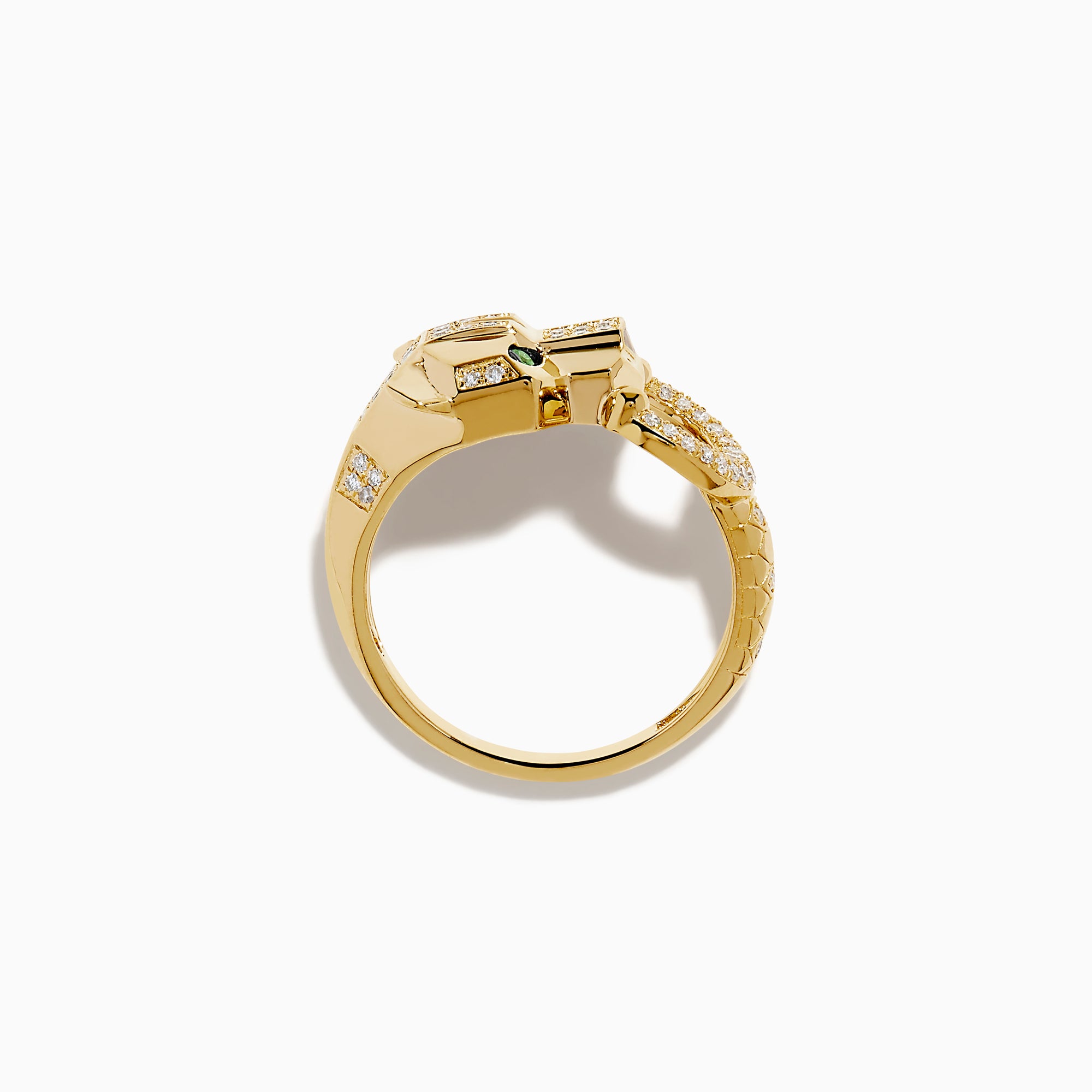 The Signature 14K Yellow Gold Tsavorite and Diamond Panther Ring features a panther head design with tsavorite green gemstone eyes and diamond accents along the head and a circular band in its mouth.