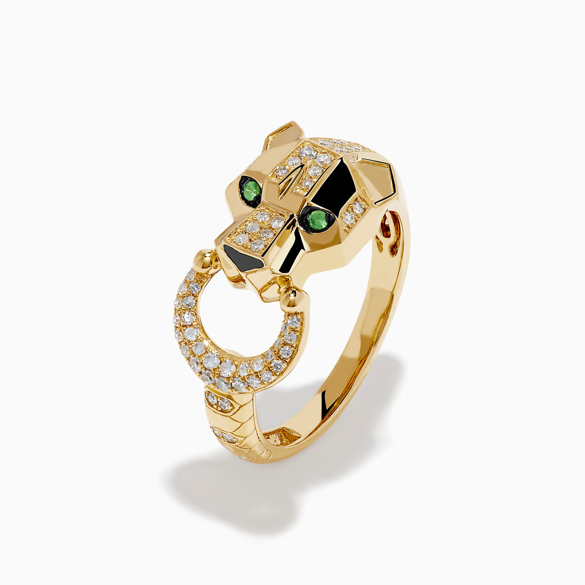 The Signature 14K Yellow Gold Tsavorite and Diamond Panther Ring features a panther head design with tsavorite green gemstone eyes and diamond accents along the head and a circular band in its mouth.