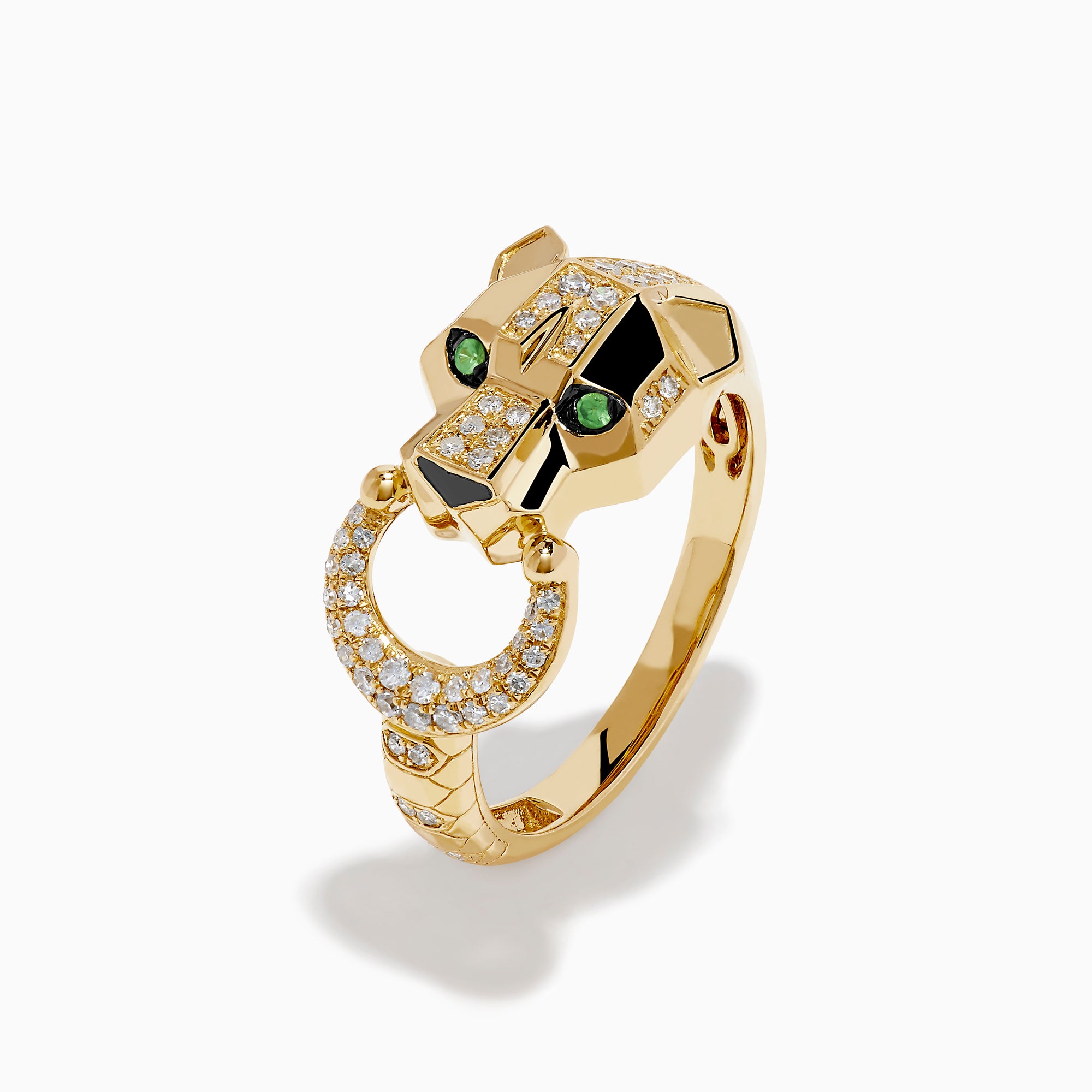 The Signature 14K Yellow Gold Tsavorite and Diamond Panther Ring features a panther head design with tsavorite green gemstone eyes and diamond accents along the head and a circular band in its mouth.