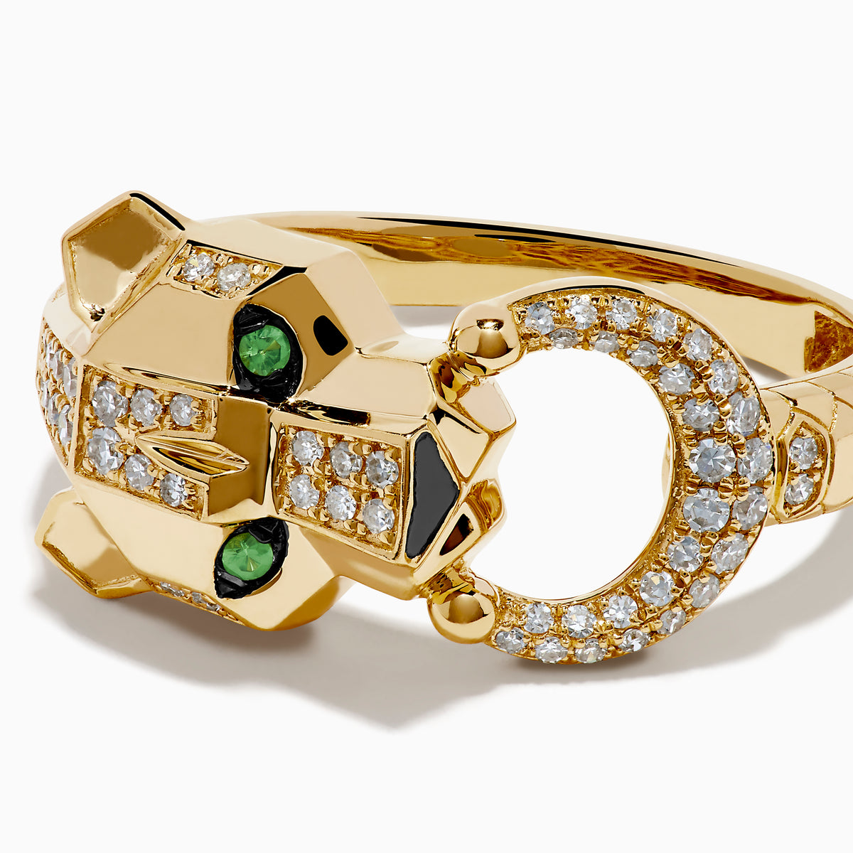 The Signature 14K Yellow Gold Tsavorite and Diamond Panther Ring features a panther head design with tsavorite green gemstone eyes and diamond accents along the head and a circular band in its mouth.
