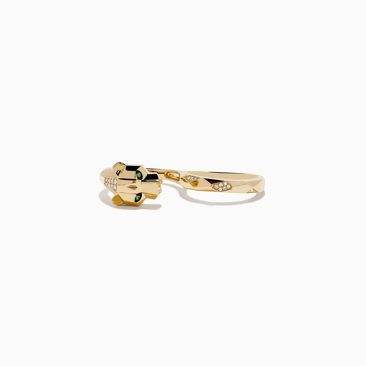 The Signature 14K Yellow Gold Diamond and Tsavorite Two Finger Panther Ring features a geometric panther head with tsavorite green eyes, diamond accents, and dual bands, shown against a white background.