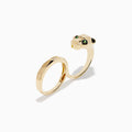 The Signature 14K Yellow Gold Diamond and Tsavorite Two Finger Panther Ring features a geometric panther head with tsavorite green eyes, diamond accents, and dual bands, shown against a white background.