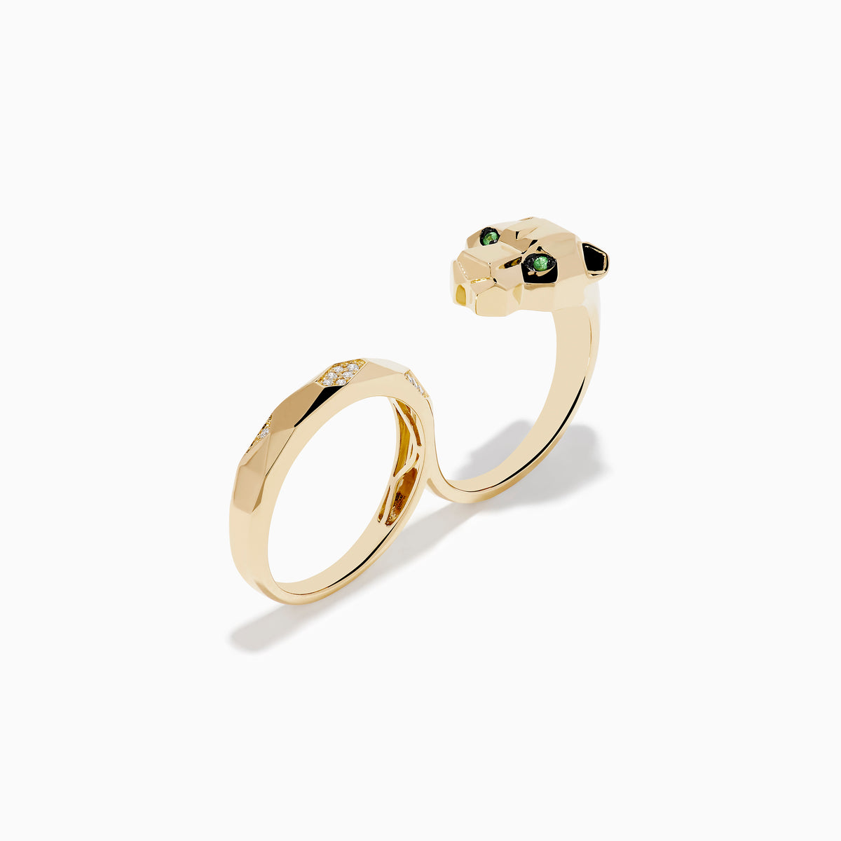 The Signature 14K Yellow Gold Diamond and Tsavorite Two Finger Panther Ring features a geometric panther head with tsavorite green eyes, diamond accents, and dual bands, shown against a white background.