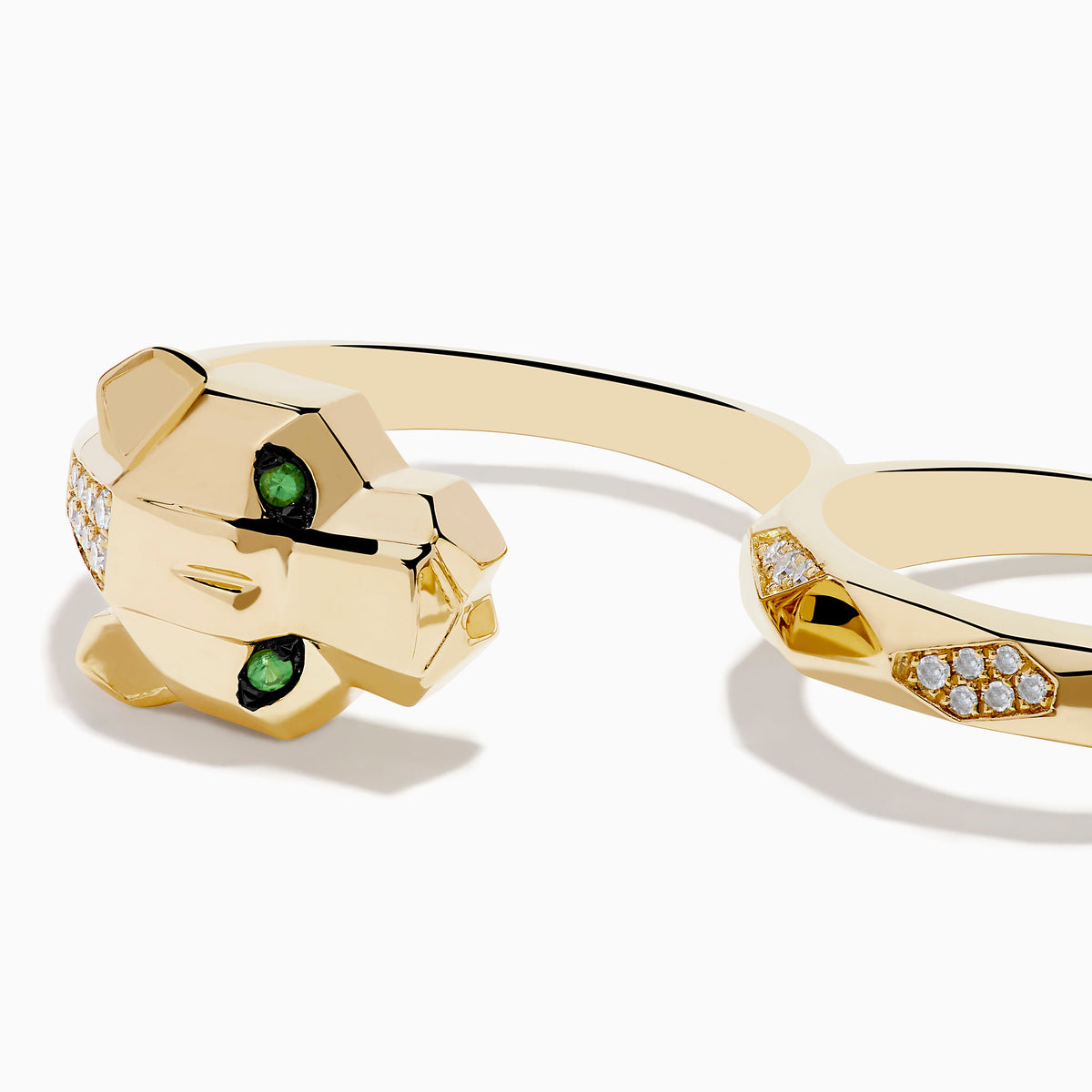 The Signature 14K Yellow Gold Diamond and Tsavorite Two Finger Panther Ring features a geometric panther head with tsavorite green eyes, diamond accents, and dual bands, shown against a white background.