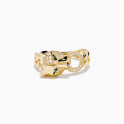 The Signature 14K Yellow Gold Diamond and Tsavorite Ring showcases an elegant link-style design with green tsavorites and small diamonds for a luxurious look.