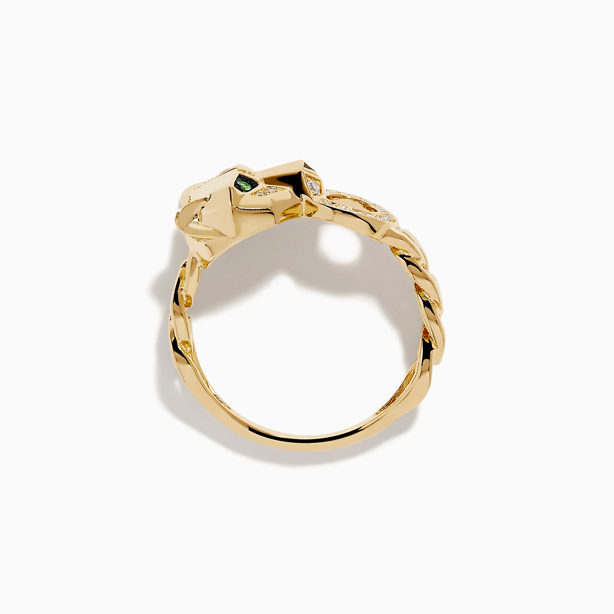 The Signature 14K Yellow Gold Diamond and Tsavorite Ring showcases an elegant link-style design with green tsavorites and small diamonds for a luxurious look.