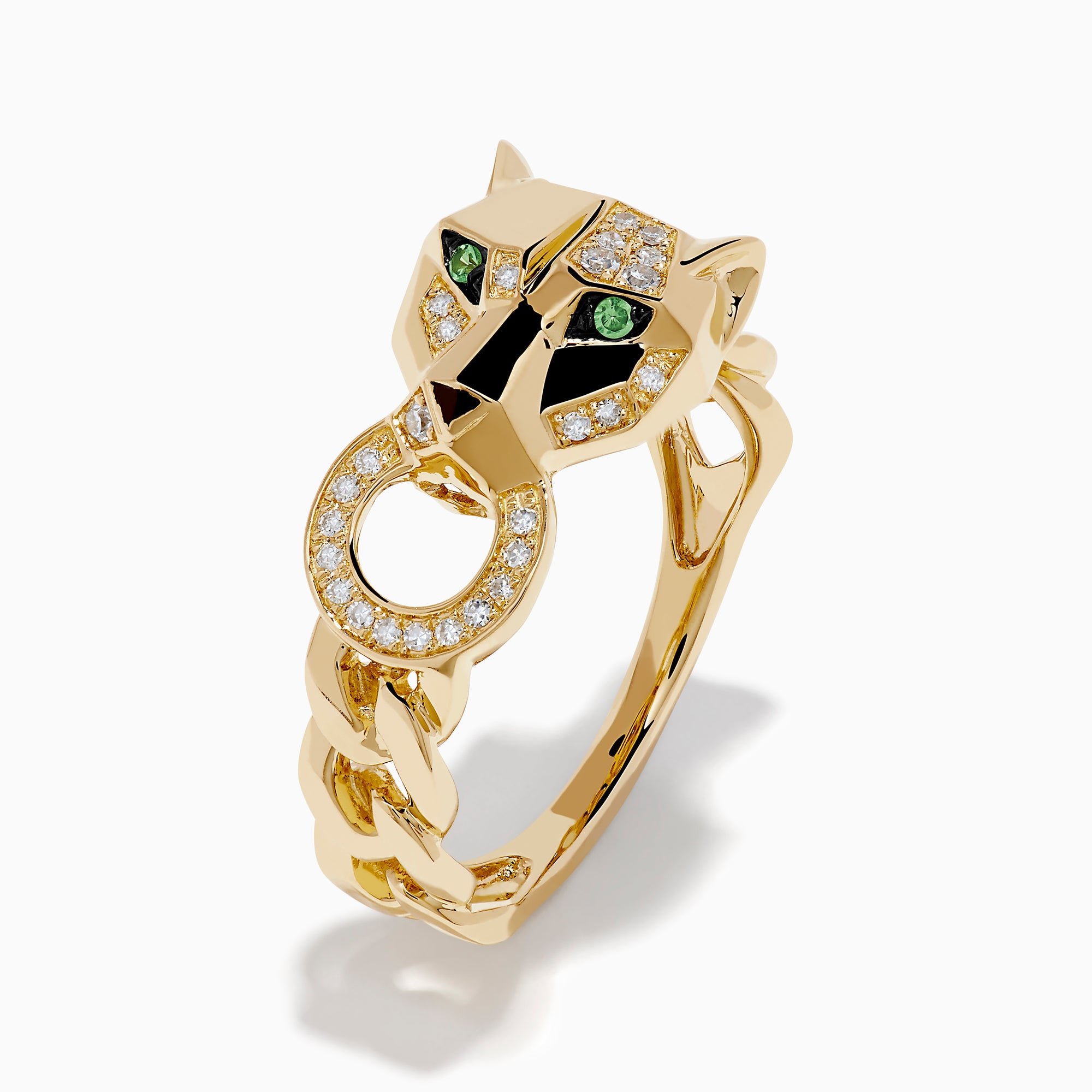 The Signature 14K Yellow Gold Diamond and Tsavorite Ring showcases an elegant link-style design with green tsavorites and small diamonds for a luxurious look.