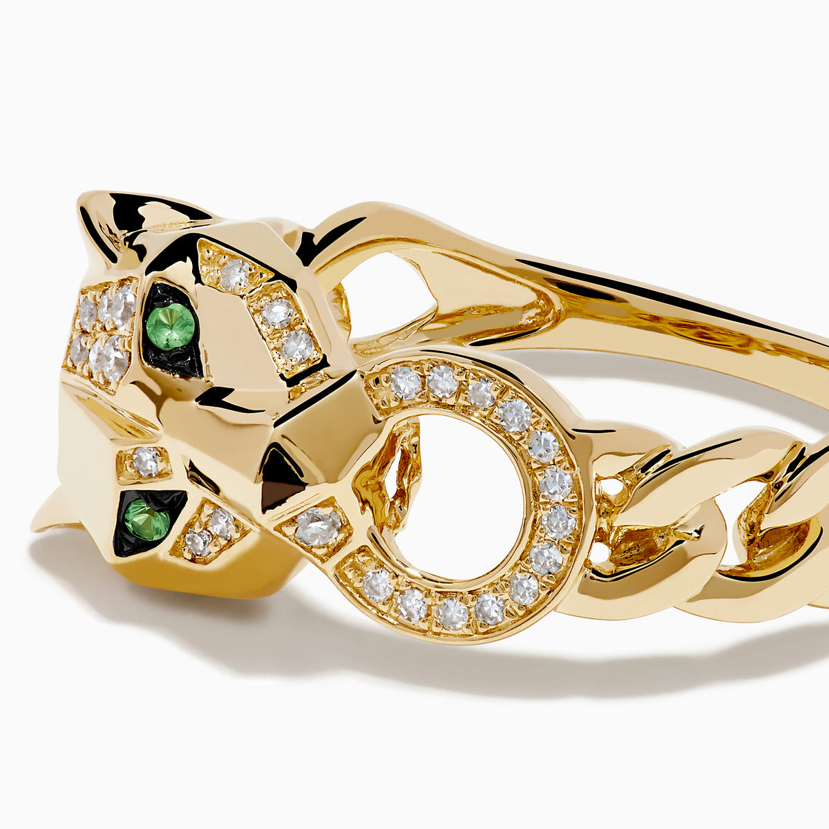 The Signature 14K Yellow Gold Diamond and Tsavorite Ring showcases an elegant link-style design with green tsavorites and small diamonds for a luxurious look.