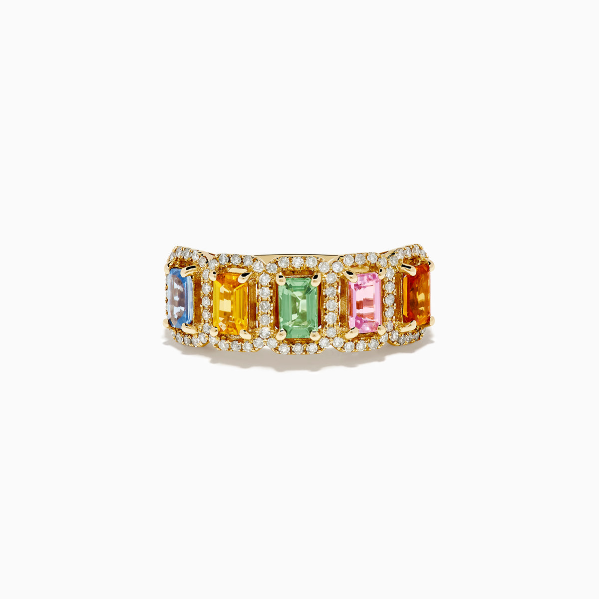 The Watercolors 14K Yellow Gold Multi Sapphire and Diamond Ring features five rectangular sapphires in blue, yellow, green, pink, and orange, each bordered by round diamonds, shown on a white background.
