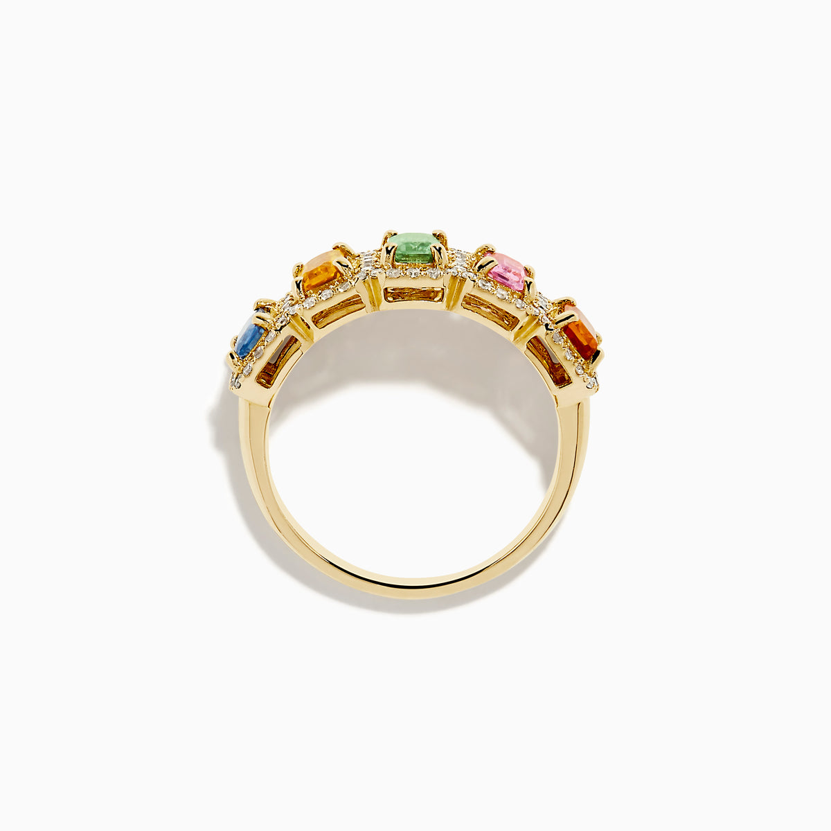 The Watercolors 14K Yellow Gold Multi Sapphire and Diamond Ring features five rectangular sapphires in blue, yellow, green, pink, and orange, each bordered by round diamonds, shown on a white background.