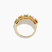 The Watercolors 14K Yellow Gold Multi Sapphire and Diamond Ring features five rectangular sapphires in blue, yellow, green, pink, and orange, each bordered by round diamonds, shown on a white background.