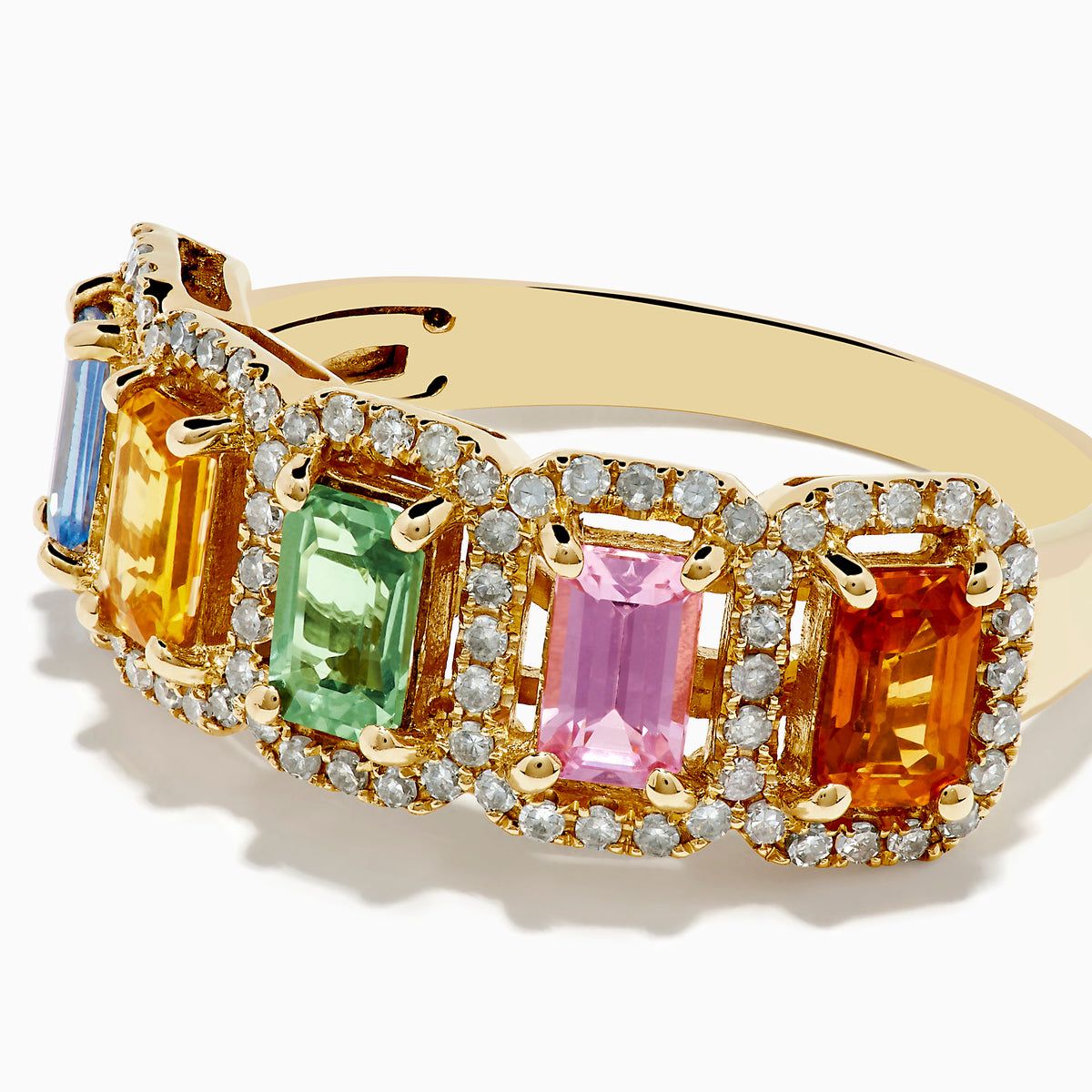 The Watercolors 14K Yellow Gold Multi Sapphire and Diamond Ring features five rectangular sapphires in blue, yellow, green, pink, and orange, each bordered by round diamonds, shown on a white background.