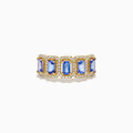 The 14K Yellow Gold Tanzanite and Diamond Halo Band showcases five rectangular tanzanites, each framed by a sparkling diamond halo, creating an elegant continuous design.