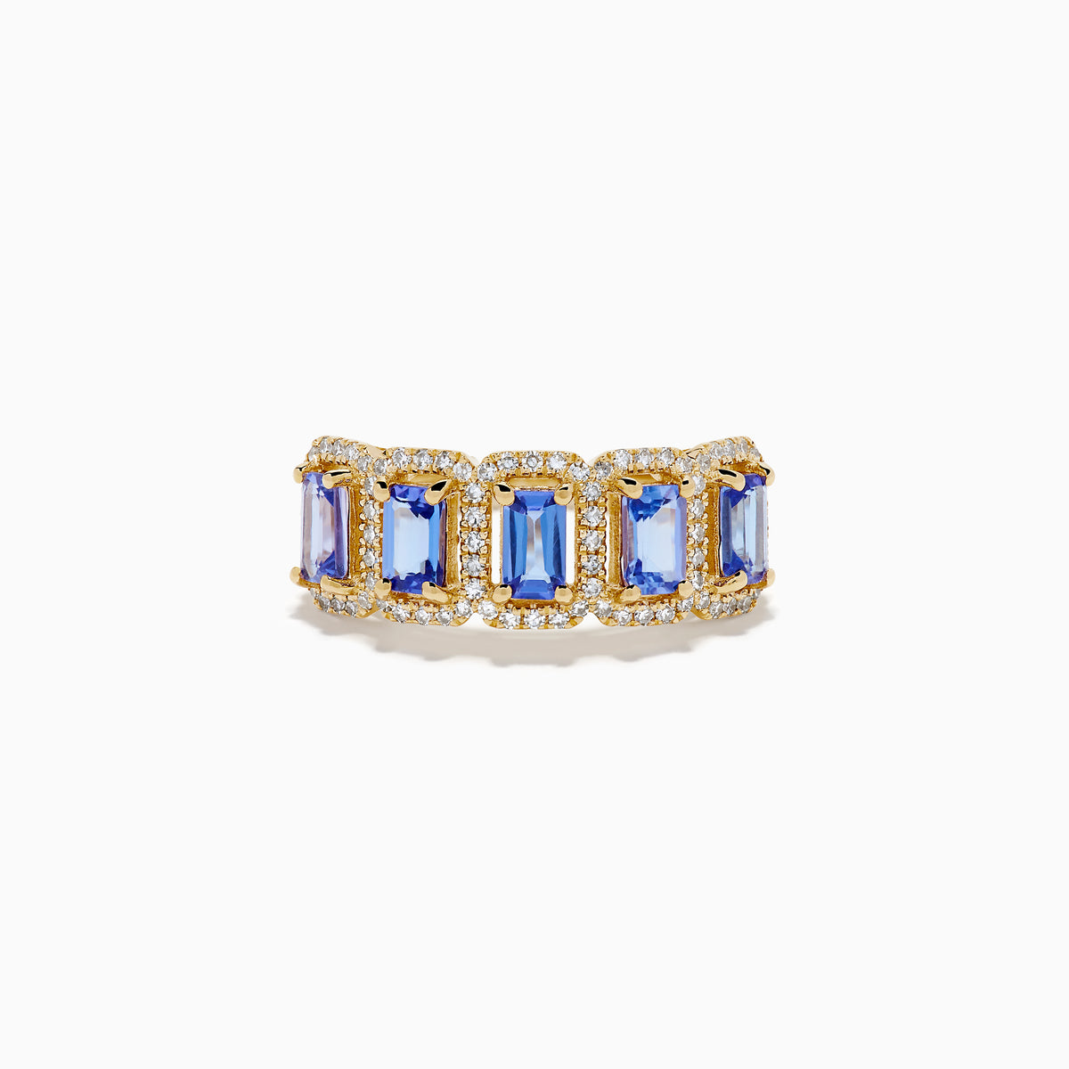 The 14K Yellow Gold Tanzanite and Diamond Halo Band showcases five rectangular tanzanites, each framed by a sparkling diamond halo, creating an elegant continuous design.