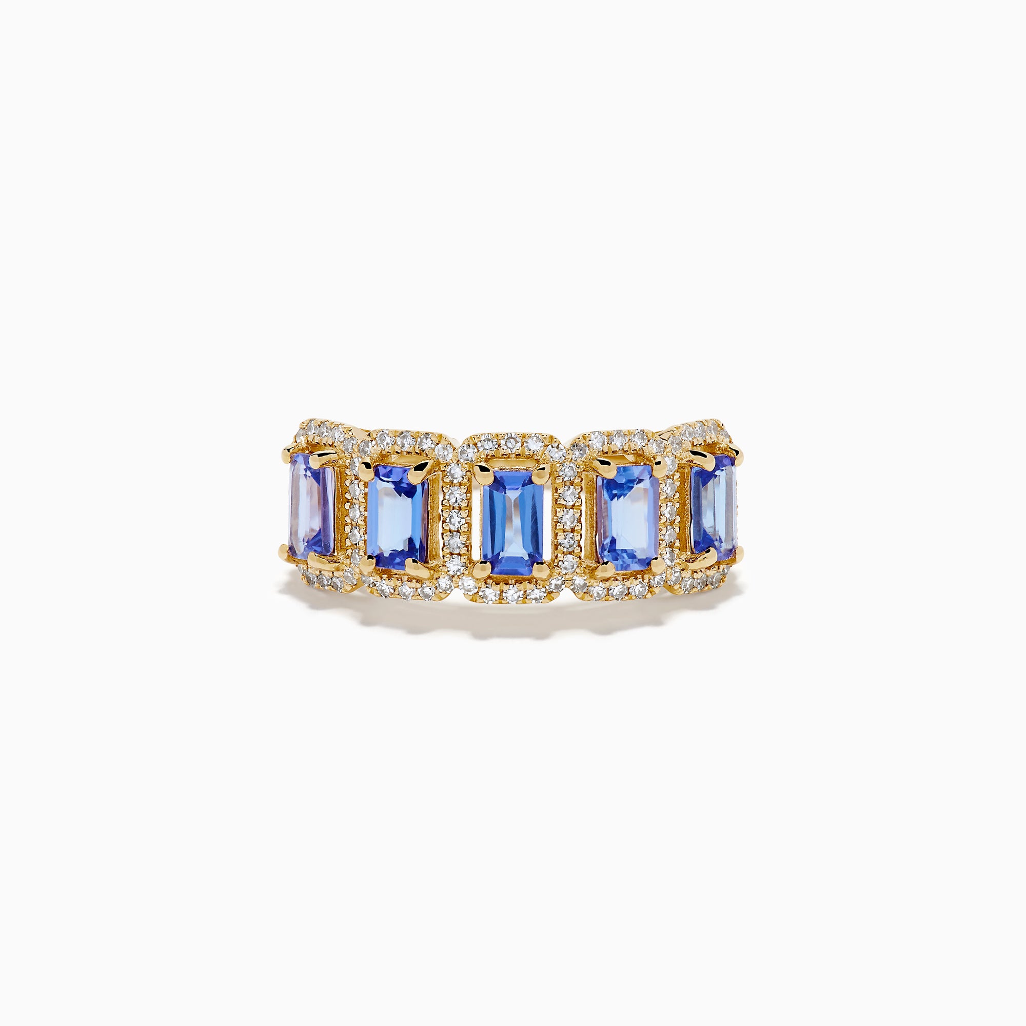 The 14K Yellow Gold Tanzanite and Diamond Halo Band showcases five rectangular tanzanites, each framed by a sparkling diamond halo, creating an elegant continuous design.
