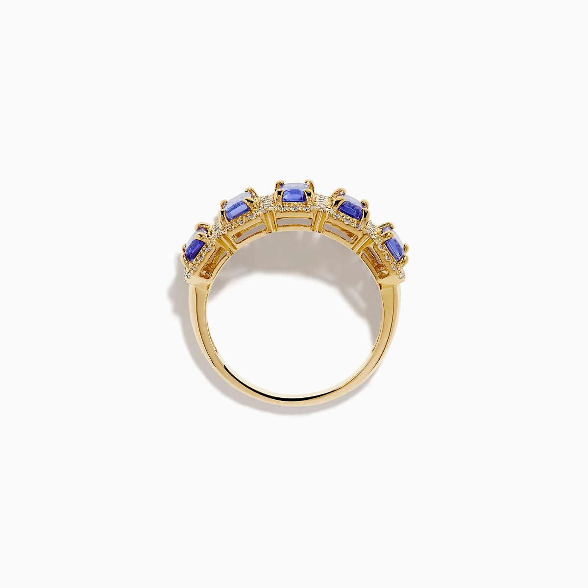 The 14K Yellow Gold Tanzanite and Diamond Halo Band showcases five rectangular tanzanites, each framed by a sparkling diamond halo, creating an elegant continuous design.