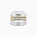 The Sterling Silver and 14K Yellow Gold Plated Diamond Statement Ring features a wide, polished band with three parallel gold-plated bands set with sparkling white stones for a modern, elegant look.