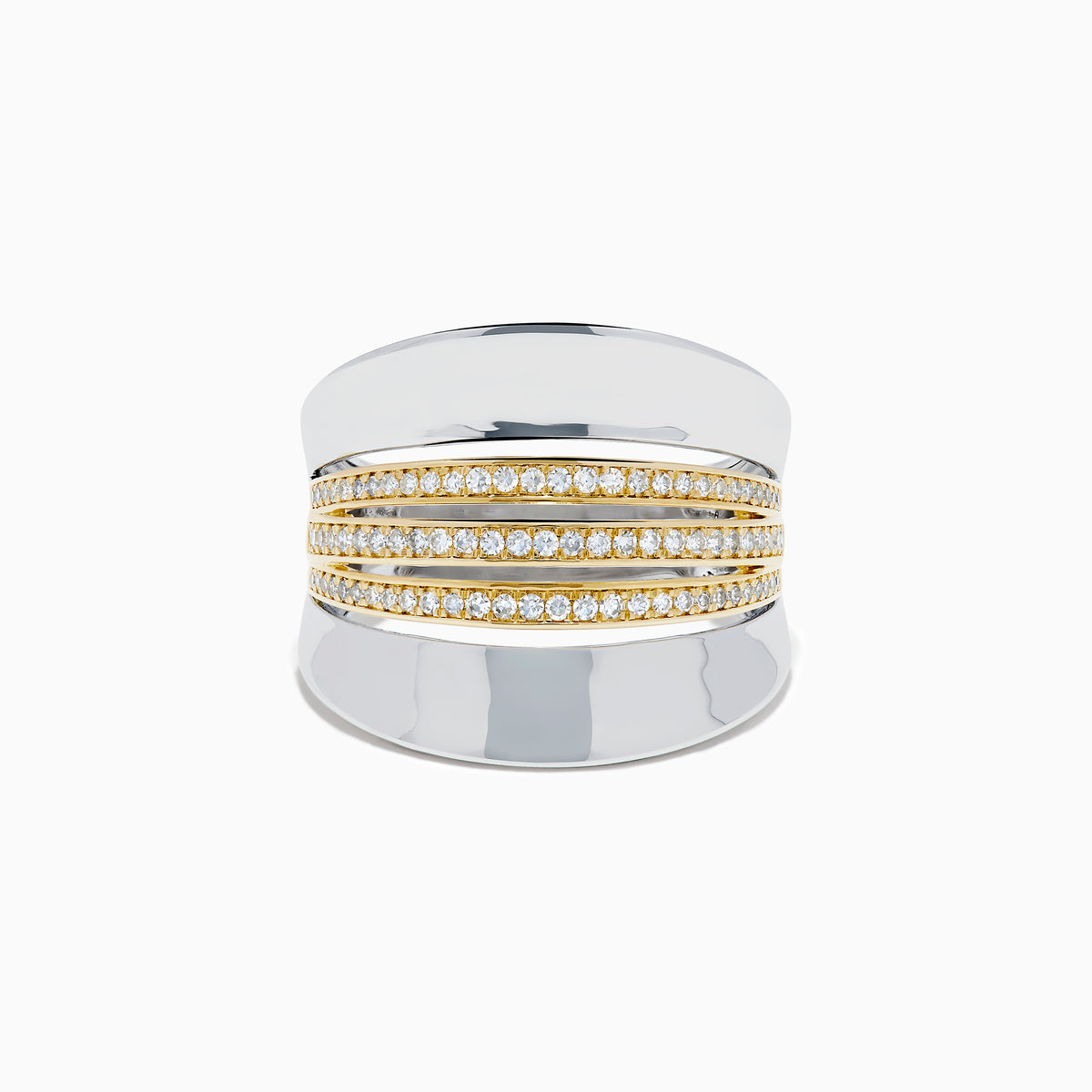 The Sterling Silver and 14K Yellow Gold Plated Diamond Statement Ring features a wide, polished band with three parallel gold-plated bands set with sparkling white stones for a modern, elegant look.