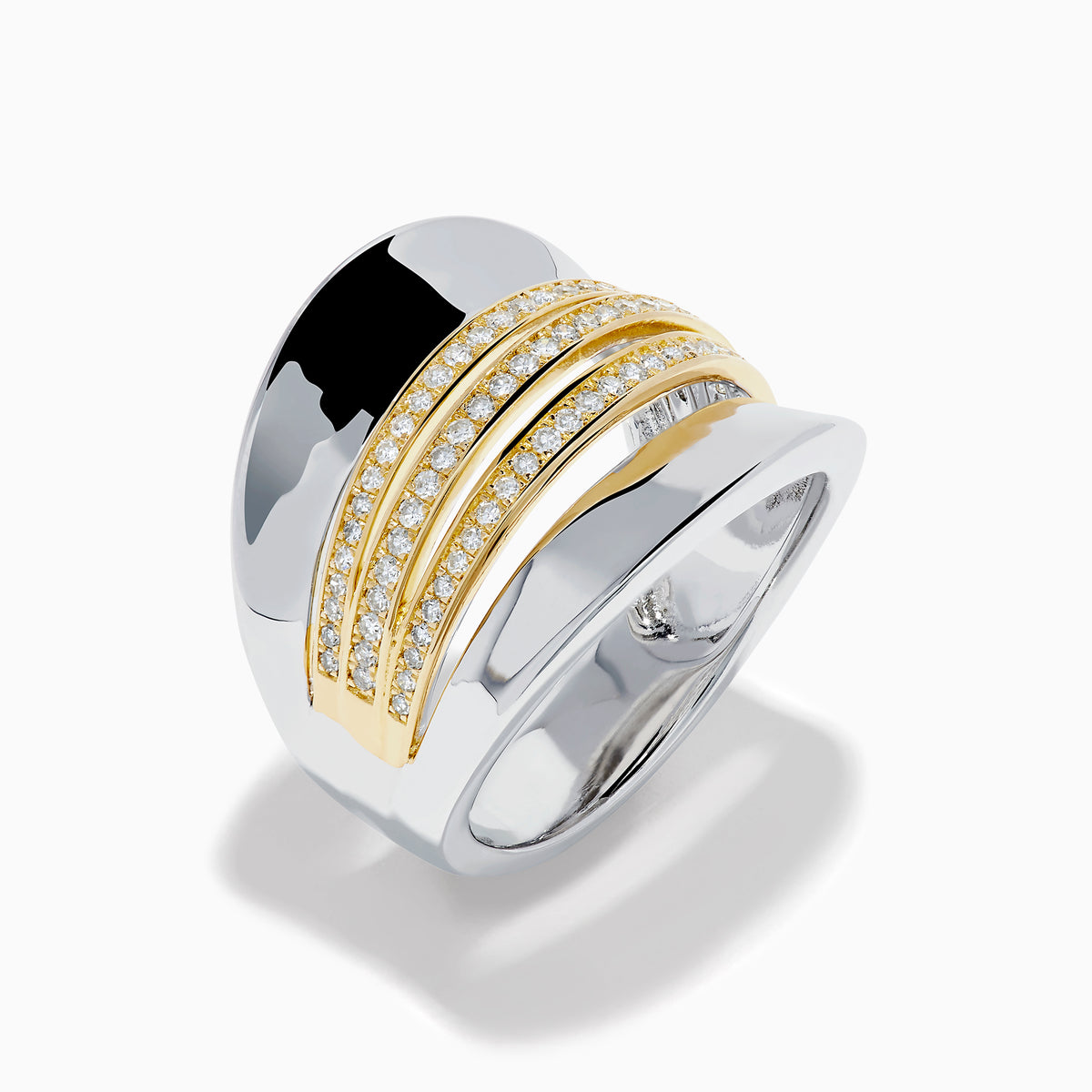 The Sterling Silver and 14K Yellow Gold Plated Diamond Statement Ring features a wide, polished band with three parallel gold-plated bands set with sparkling white stones for a modern, elegant look.