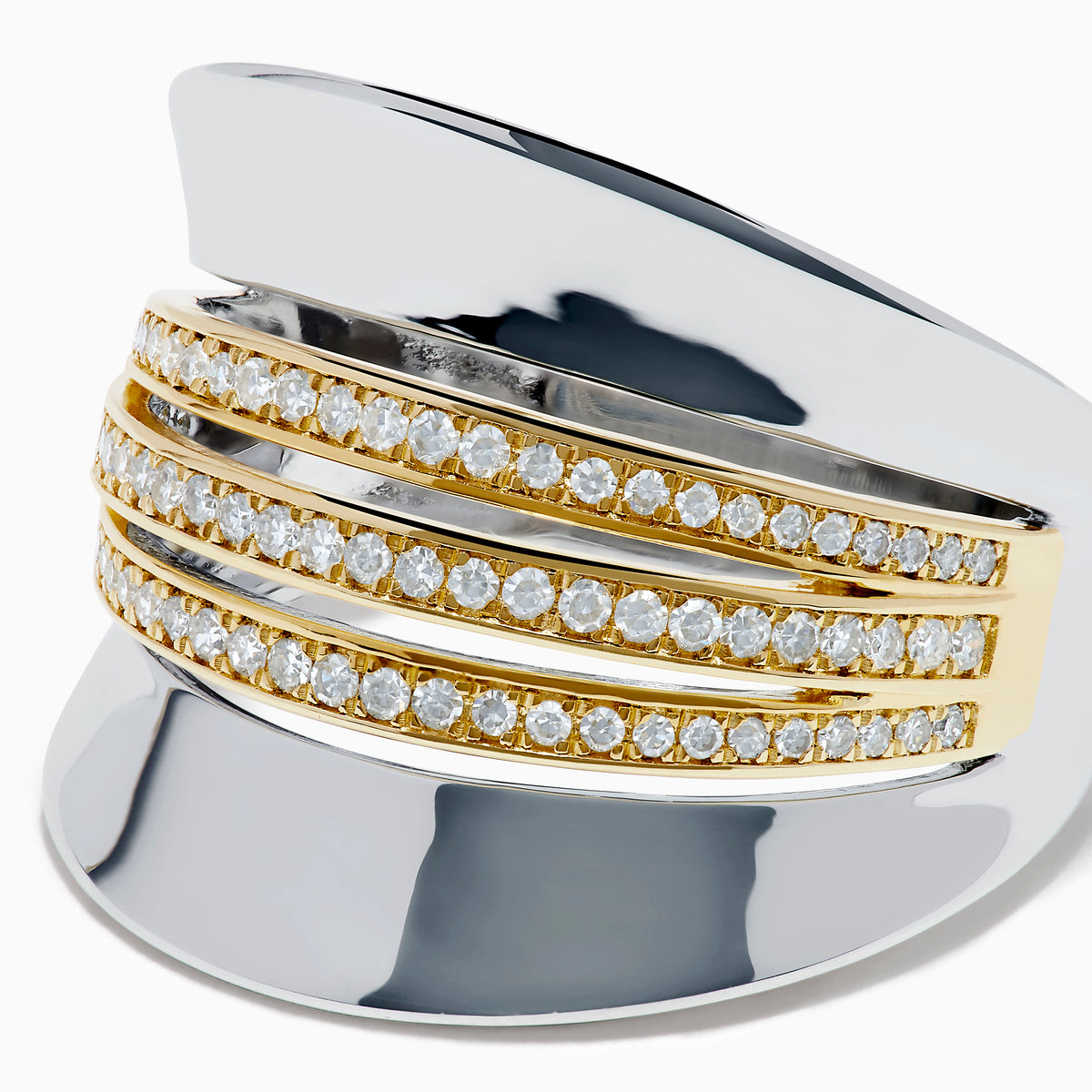 The Sterling Silver and 14K Yellow Gold Plated Diamond Statement Ring features a wide, polished band with three parallel gold-plated bands set with sparkling white stones for a modern, elegant look.