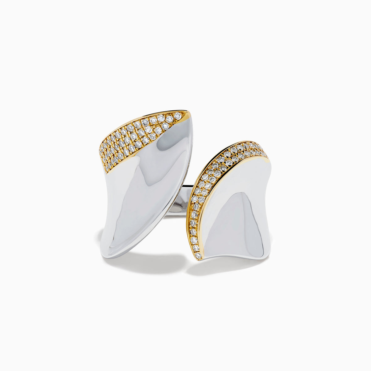 The 925 Sterling Silver & 14K Yellow Gold Plating Modern Sculptural Diamond Ring features overlapping asymmetrical silver shapes edged in gold plating and accented with small diamonds, shown on a white background.