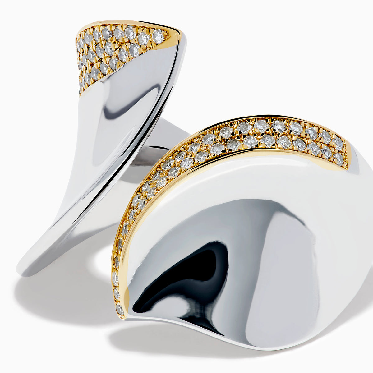 The 925 Sterling Silver & 14K Yellow Gold Plating Modern Sculptural Diamond Ring features overlapping asymmetrical silver shapes edged in gold plating and accented with small diamonds, shown on a white background.