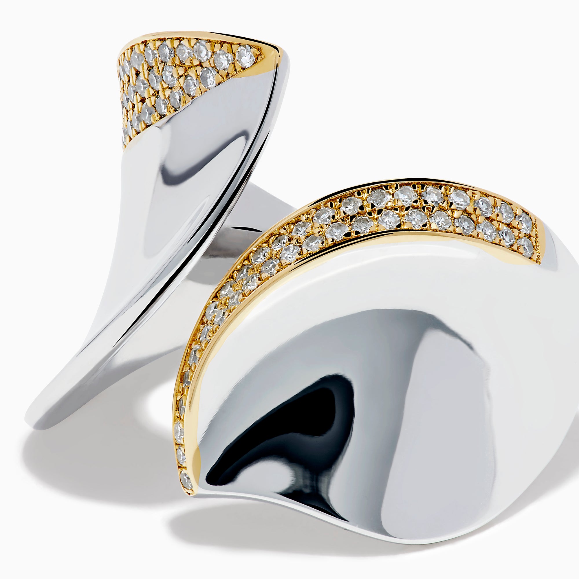 The 925 Sterling Silver & 14K Yellow Gold Plating Modern Sculptural Diamond Ring features overlapping asymmetrical silver shapes edged in gold plating and accented with small diamonds, shown on a white background.