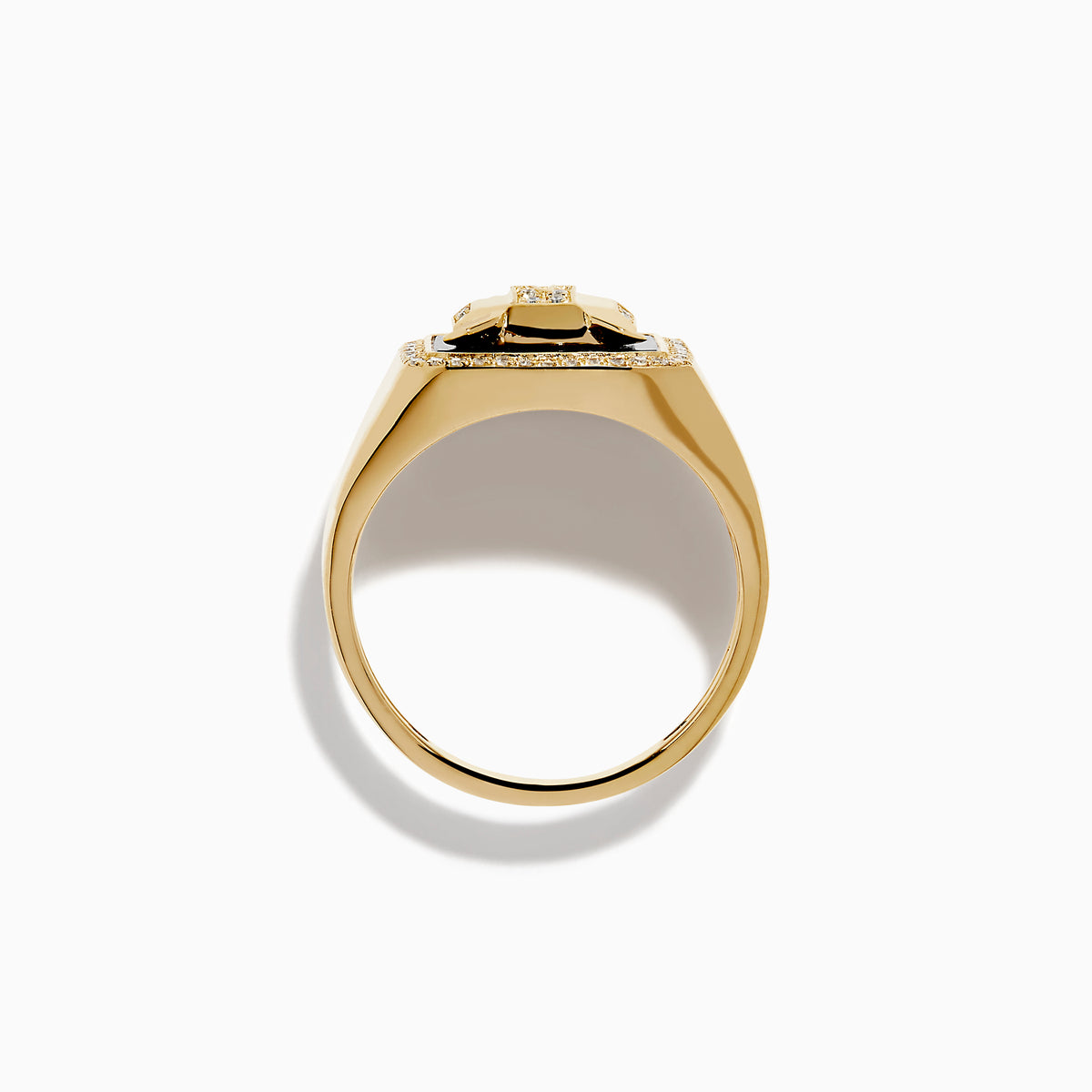 Men's 14K yellow gold panther ring with onyx background, diamond accents outlining the face and border, and a detailed panther head design.