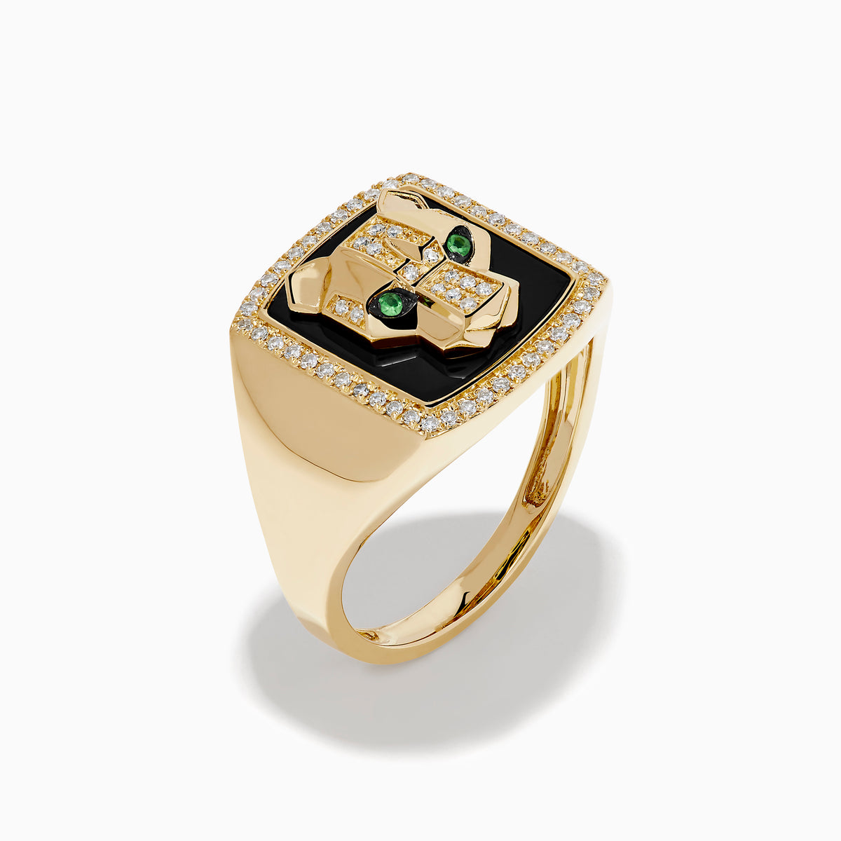 Men's 14K yellow gold panther ring with onyx background, diamond accents outlining the face and border, and a detailed panther head design.