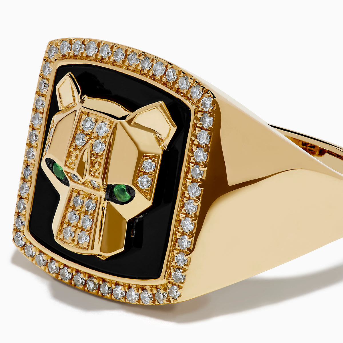 Men's 14K yellow gold panther ring with onyx background, diamond accents outlining the face and border, and a detailed panther head design.