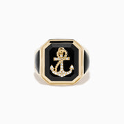 The Men's 14K Yellow Gold Onyx and Diamond Anchor Signet Ring features a black octagonal onyx face with a diamond-studded anchor at the center.