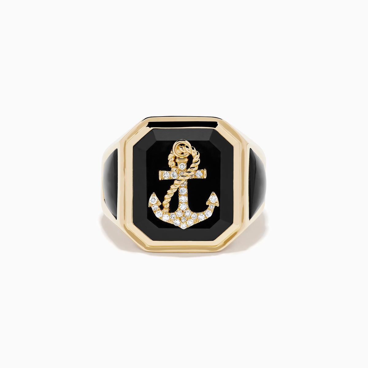 The Men's 14K Yellow Gold Onyx and Diamond Anchor Signet Ring features a black octagonal onyx face with a diamond-studded anchor at the center.