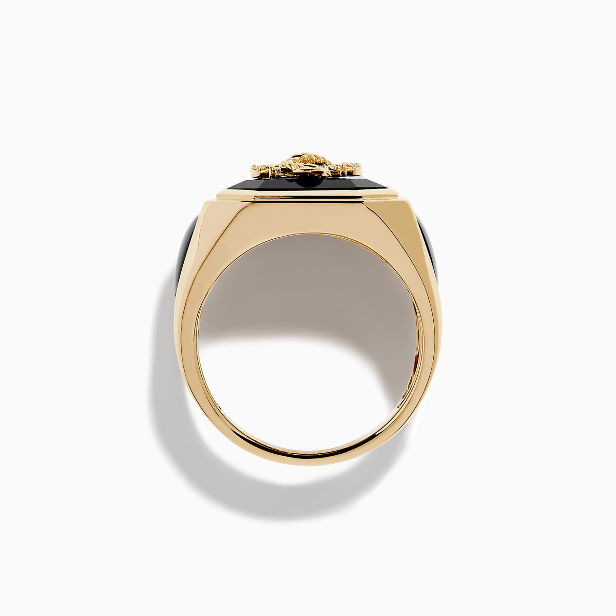 The Men's 14K Yellow Gold Onyx and Diamond Anchor Signet Ring features a black octagonal onyx face with a diamond-studded anchor at the center.