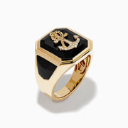 The Men's 14K Yellow Gold Onyx and Diamond Anchor Signet Ring features a black octagonal onyx face with a diamond-studded anchor at the center.