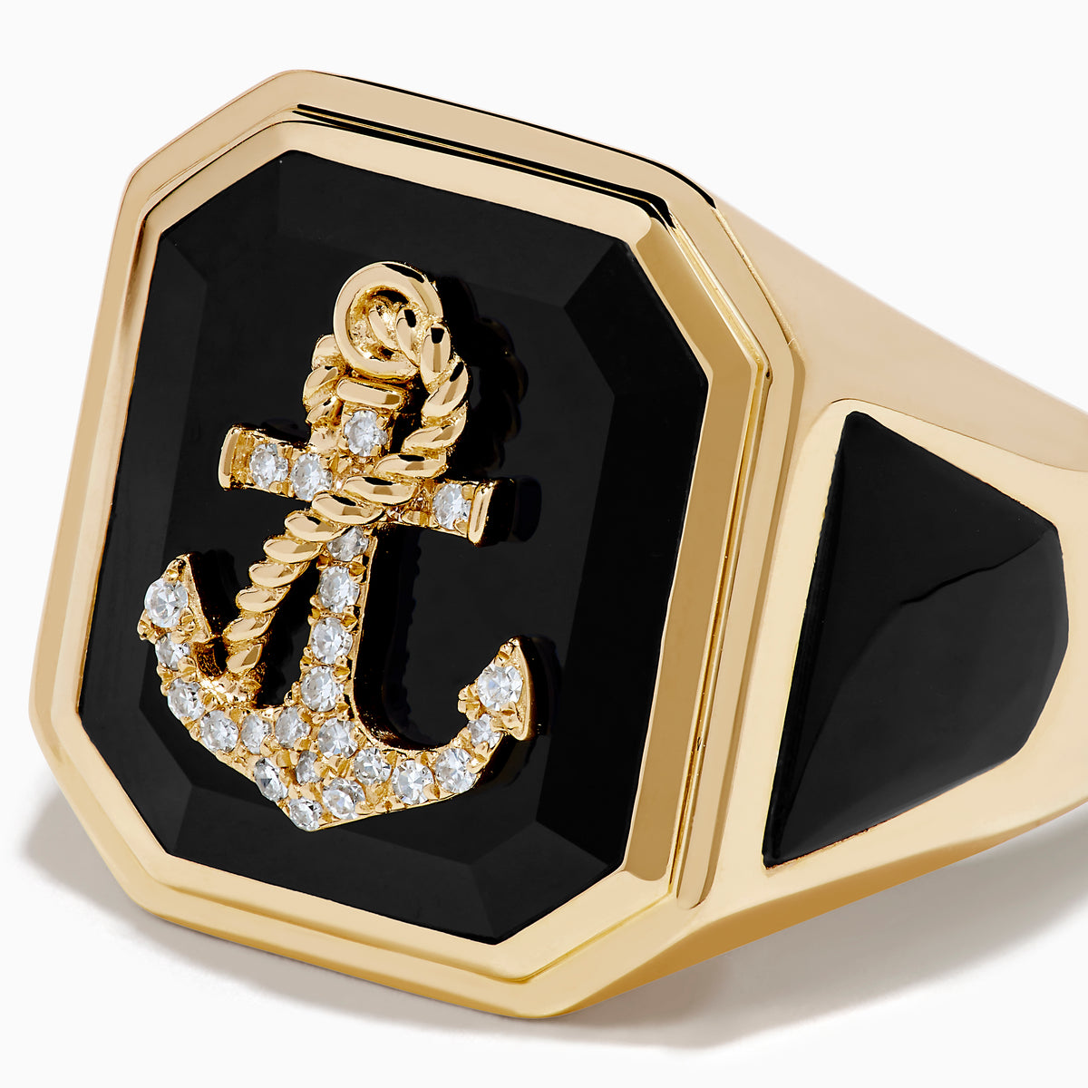 The Men's 14K Yellow Gold Onyx and Diamond Anchor Signet Ring features a black octagonal onyx face with a diamond-studded anchor at the center.