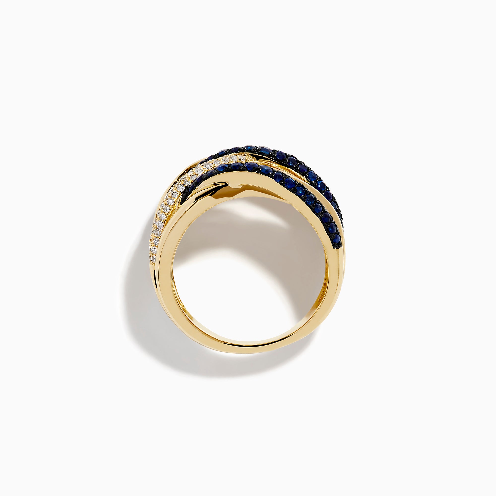 The 14K Yellow Gold Sapphire and Diamond Crossover Ring features multiple overlapping bands with alternating rows of sapphires and diamonds, creating a layered, intricate look.