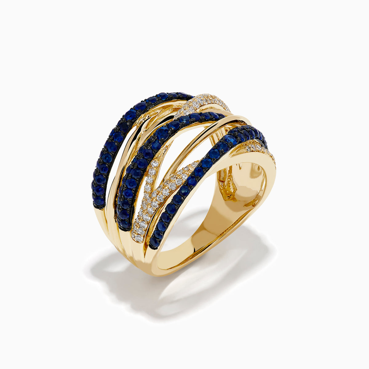 The 14K Yellow Gold Sapphire and Diamond Crossover Ring features multiple overlapping bands with alternating rows of sapphires and diamonds, creating a layered, intricate look.