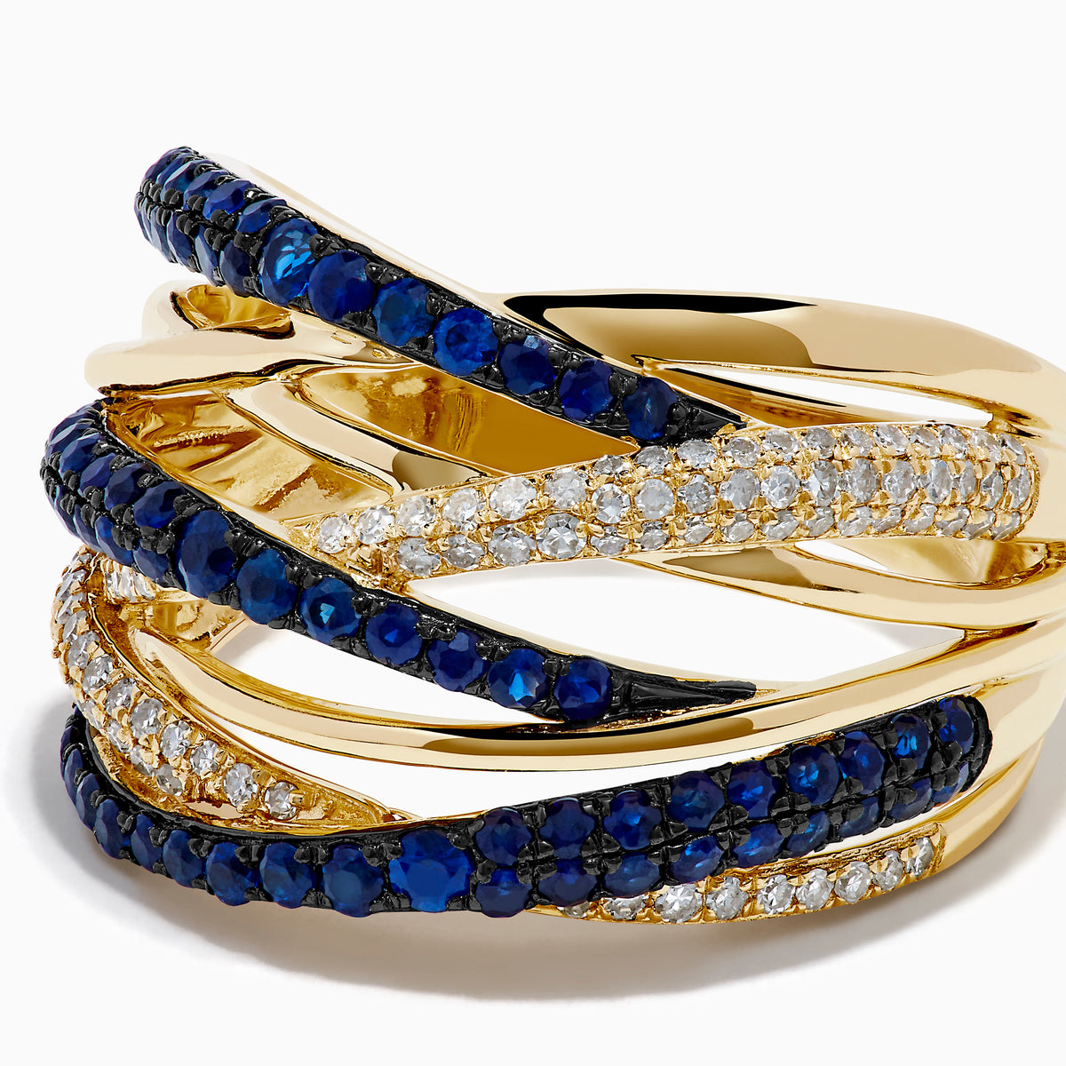 The 14K Yellow Gold Sapphire and Diamond Crossover Ring features multiple overlapping bands with alternating rows of sapphires and diamonds, creating a layered, intricate look.