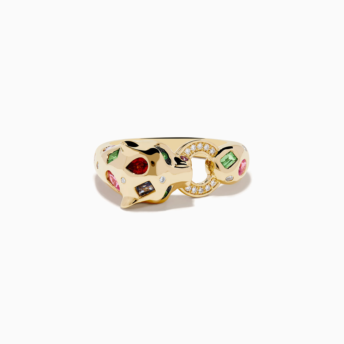 The Signature 14K Yellow Gold Multi Sapphire and Diamond Panther Ring showcases colorful sapphires and diamonds, set in a bold design inspired by a panther motif.