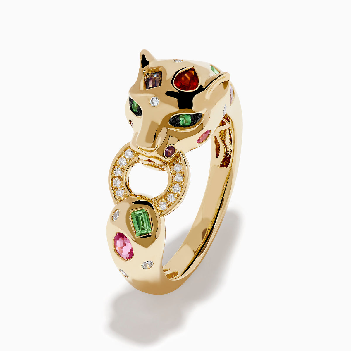 The Signature 14K Yellow Gold Multi Sapphire and Diamond Panther Ring showcases colorful sapphires and diamonds, set in a bold design inspired by a panther motif.