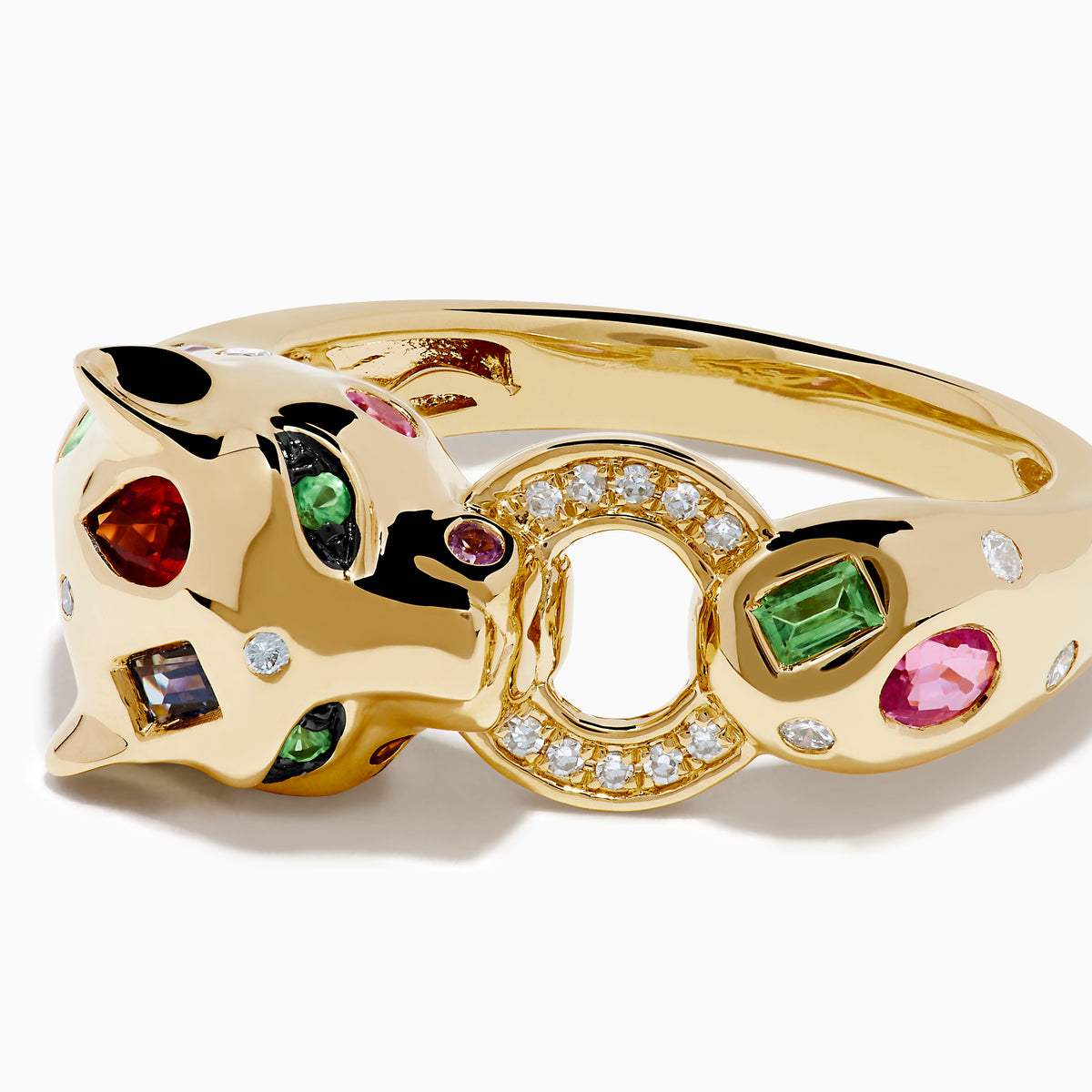The Signature 14K Yellow Gold Multi Sapphire and Diamond Panther Ring showcases colorful sapphires and diamonds, set in a bold design inspired by a panther motif.