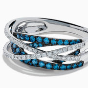 14K White Gold Blue and White Diamond Pave Crossover Ring