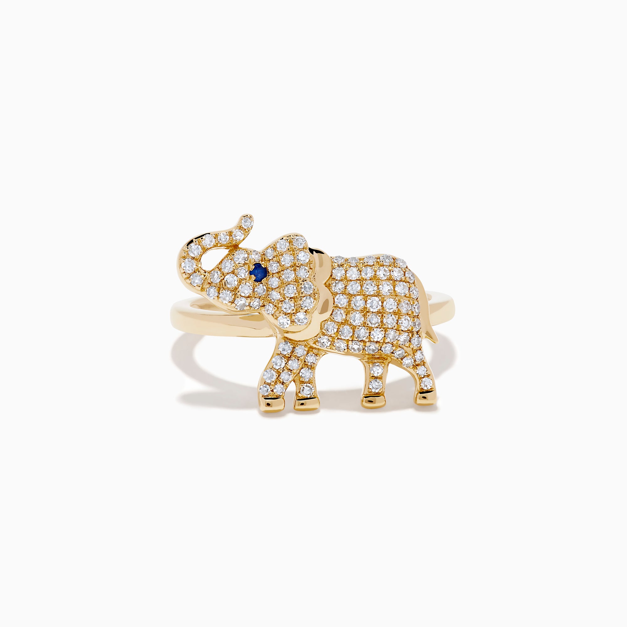 The Safari 14K Yellow Gold Sapphire and Diamond Elephant Ring features an elephant design set with sparkling diamonds and a sapphire blue gemstone eye, all crafted in 14K yellow gold.