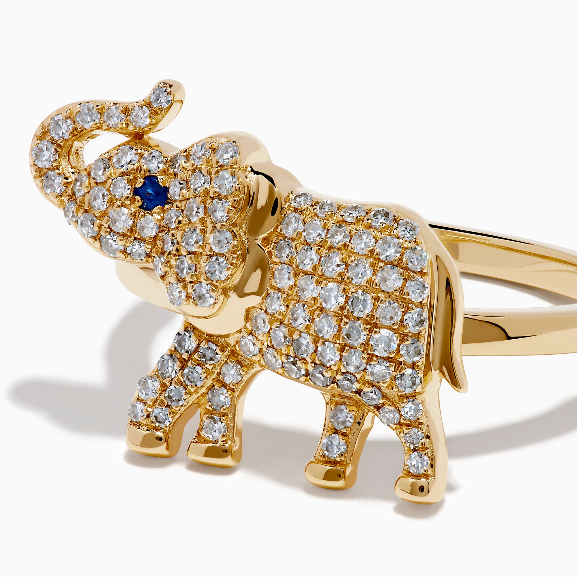 The Safari 14K Yellow Gold Sapphire and Diamond Elephant Ring features an elephant design set with sparkling diamonds and a sapphire blue gemstone eye, all crafted in 14K yellow gold.